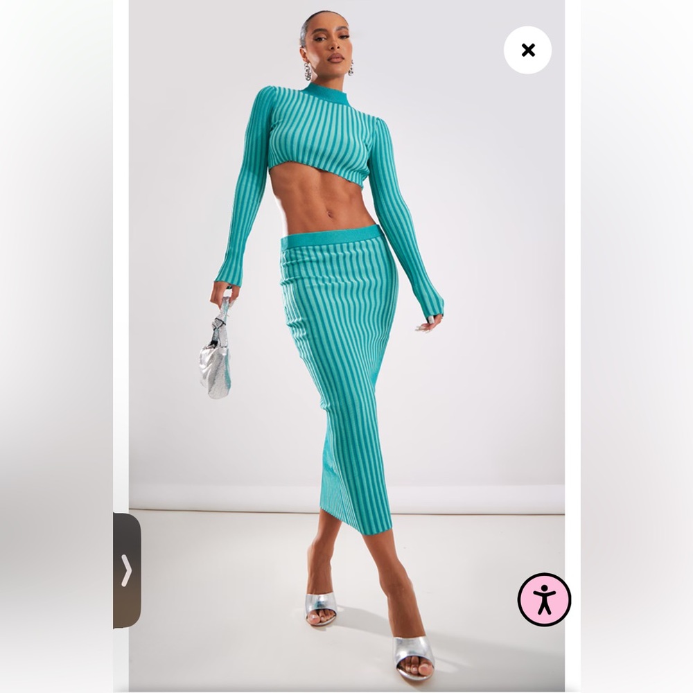 PrettyLittleThing Teal Ribbed Long Sleeve Crop Top & Midi Skirt Co-ord